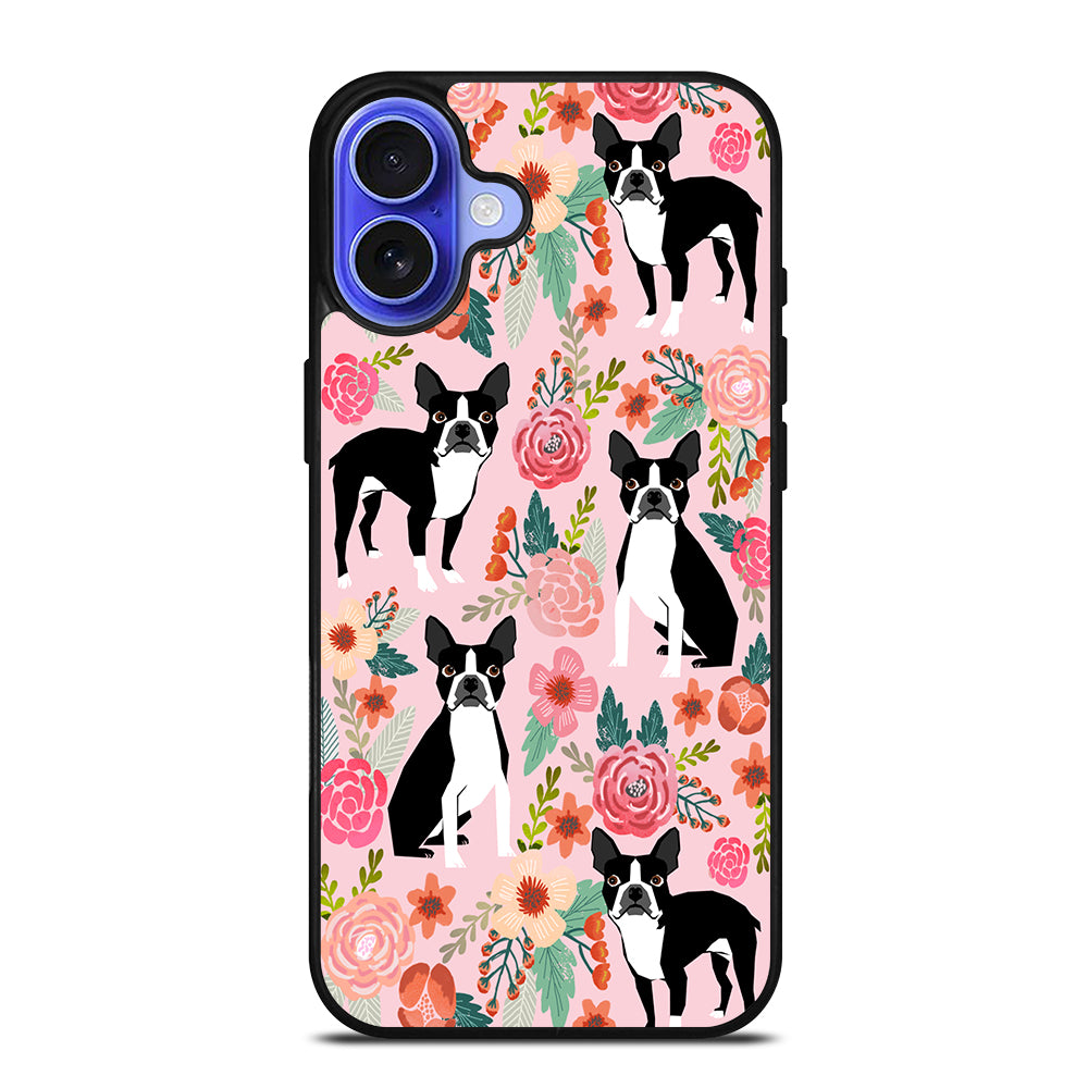 BOSTON TERRIER DOG FLORAL PATTERN iPhone 16 Case Cover