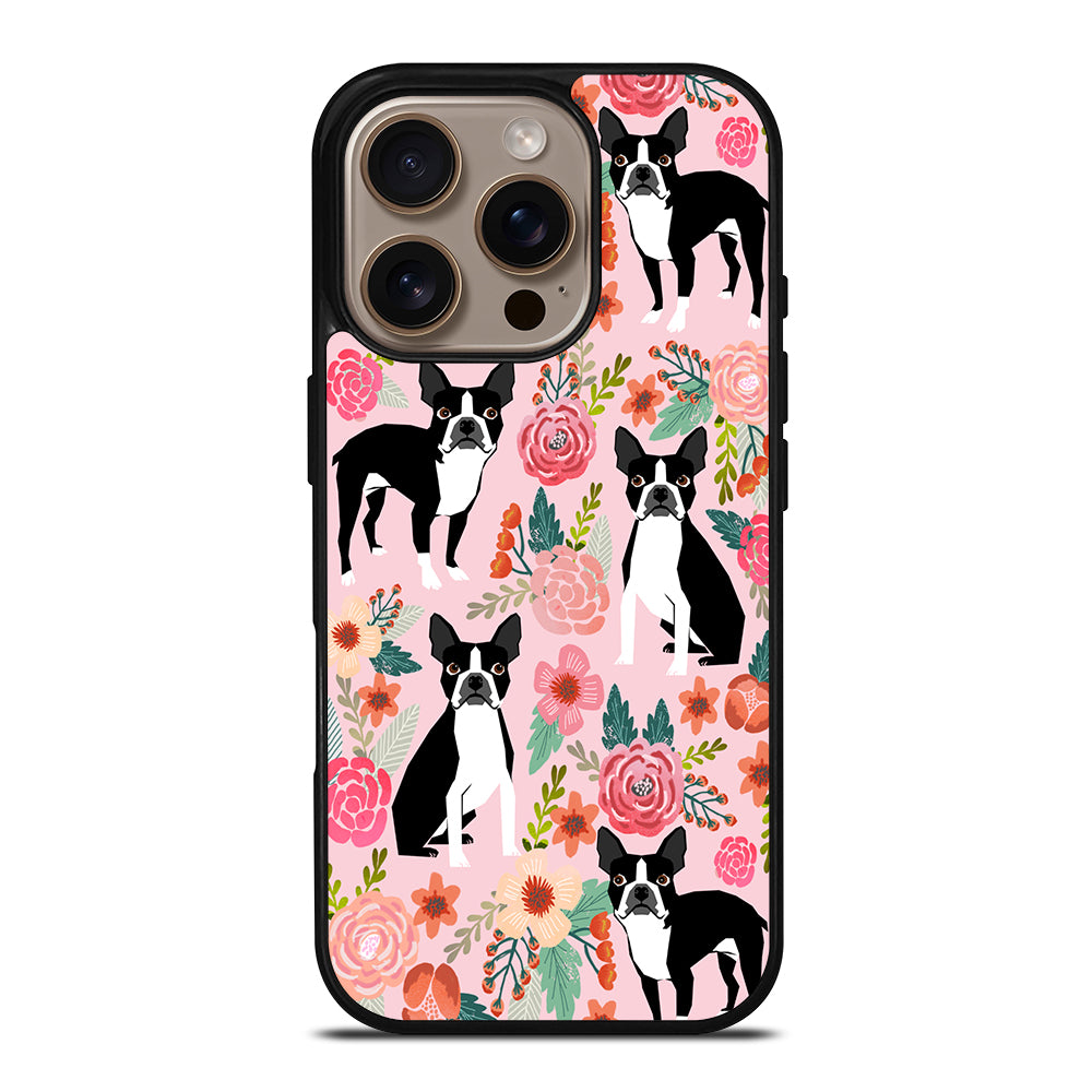 BOSTON TERRIER DOG FLORAL PATTERN iPhone 16 Pro Case Cover