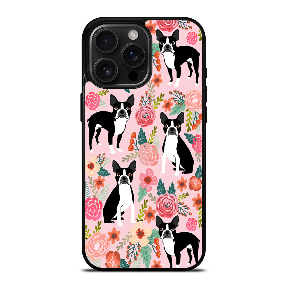 BOSTON TERRIER DOG FLORAL PATTERN iPhone 16 Pro Max Case Cover