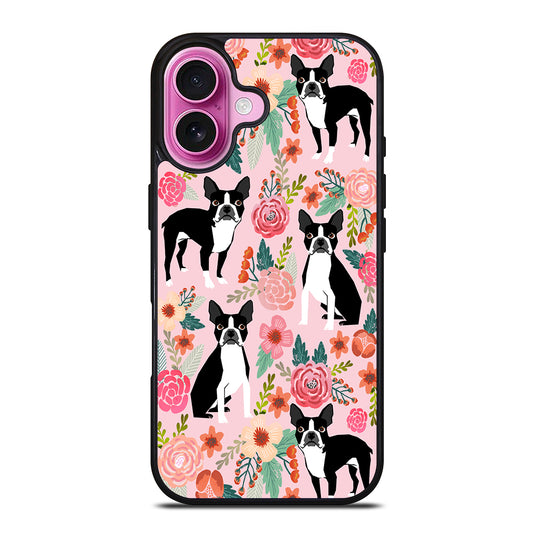 BOSTON TERRIER DOG FLORAL PATTERN iPhone 16 Plus Case Cover