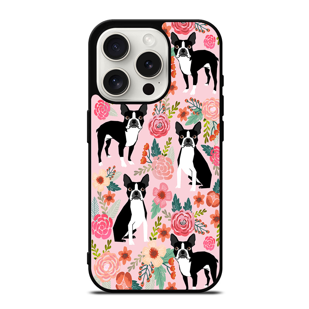BOSTON TERRIER DOG FLORAL PATTERN iPhone 15 Pro Case Cover
