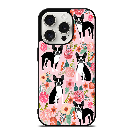 BOSTON TERRIER DOG FLORAL PATTERN iPhone 15 Pro Case Cover