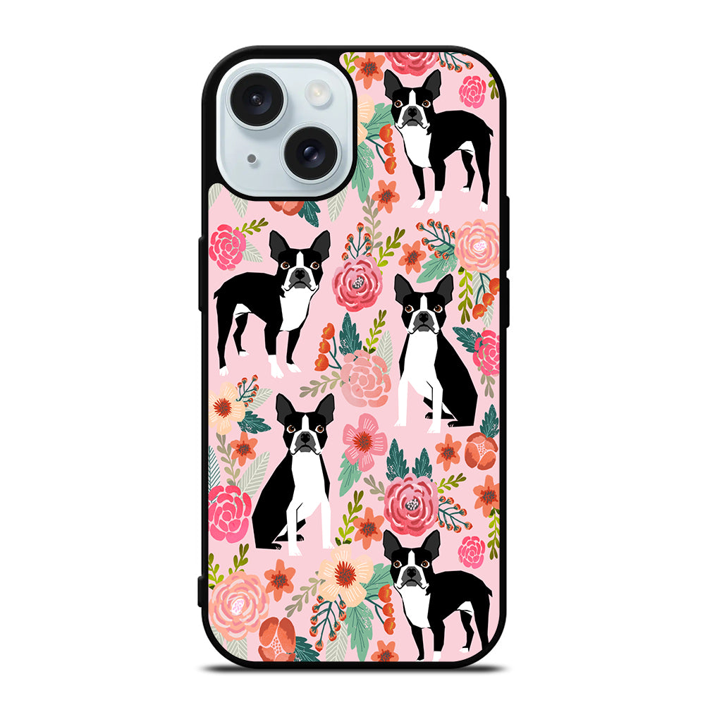 BOSTON TERRIER DOG FLORAL PATTERN iPhone 15 Case Cover
