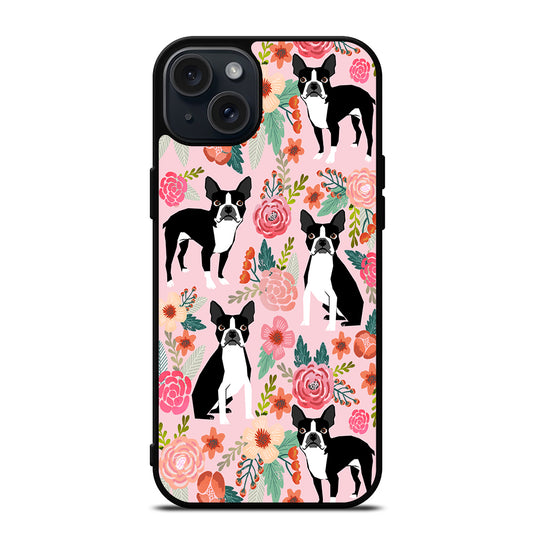 BOSTON TERRIER DOG FLORAL PATTERN iPhone 15 Plus Case Cover