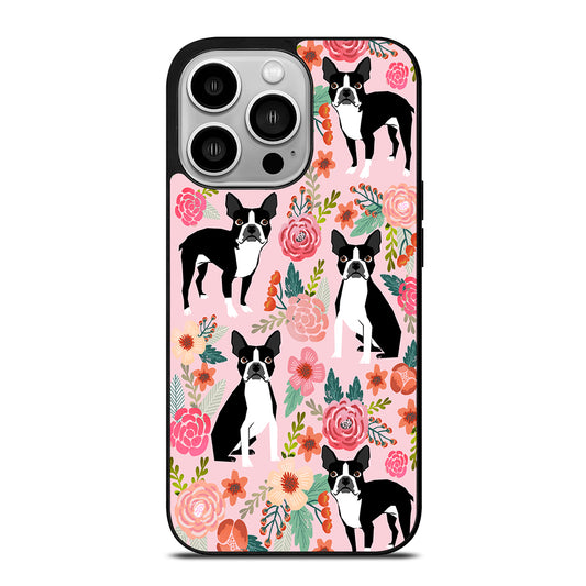 BOSTON TERRIER DOG FLORAL PATTERN iPhone 14 Pro Case Cover