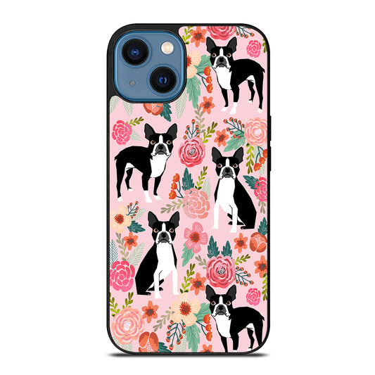 BOSTON TERRIER DOG FLORAL PATTERN iPhone 14 Case Cover