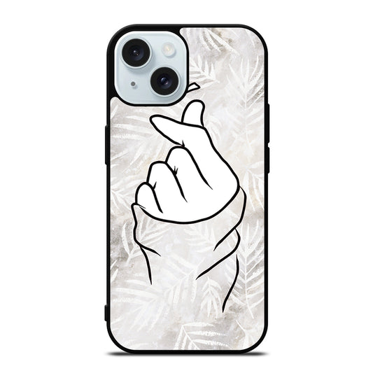 CUTE HEART FINGER WHITE MARBLE iPhone 15 Case Cover
